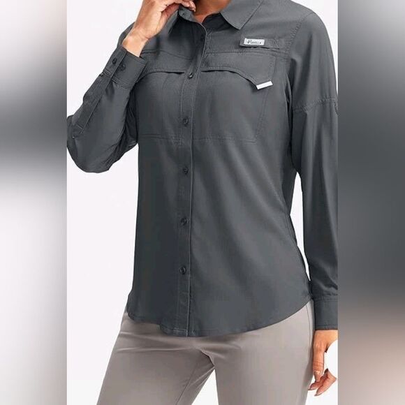 Pudolla XL Gray Lng RollupSlve Breathable Fishing Hiking Women Buttons Up Shirt - Picture 2 of 11